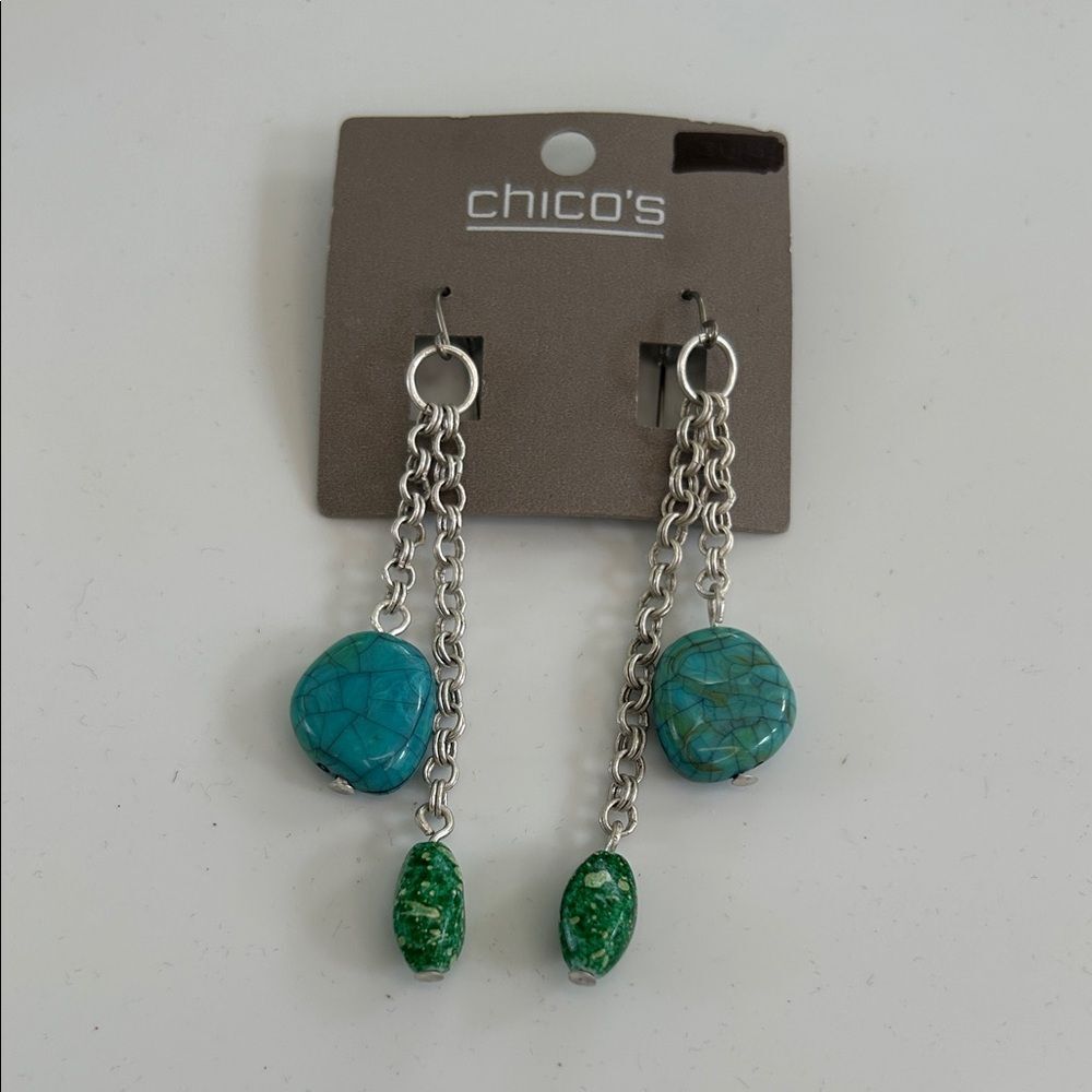 Chico's Matte Silver Chain Faux Stone Dangle Earrings NWT